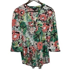 Cocomo Woman Blouse 1X Colorful Green Floral Tropical Stretch Knit Tunic Top